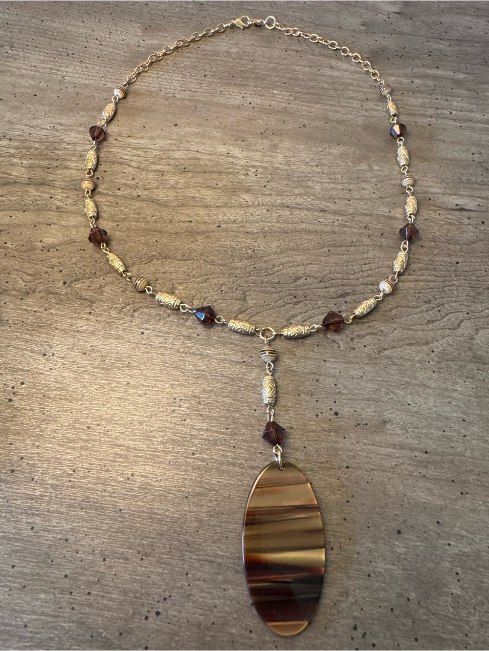 Brown & Gold Tone Beaded Drop Pendant Necklace - Picture 5 of 7